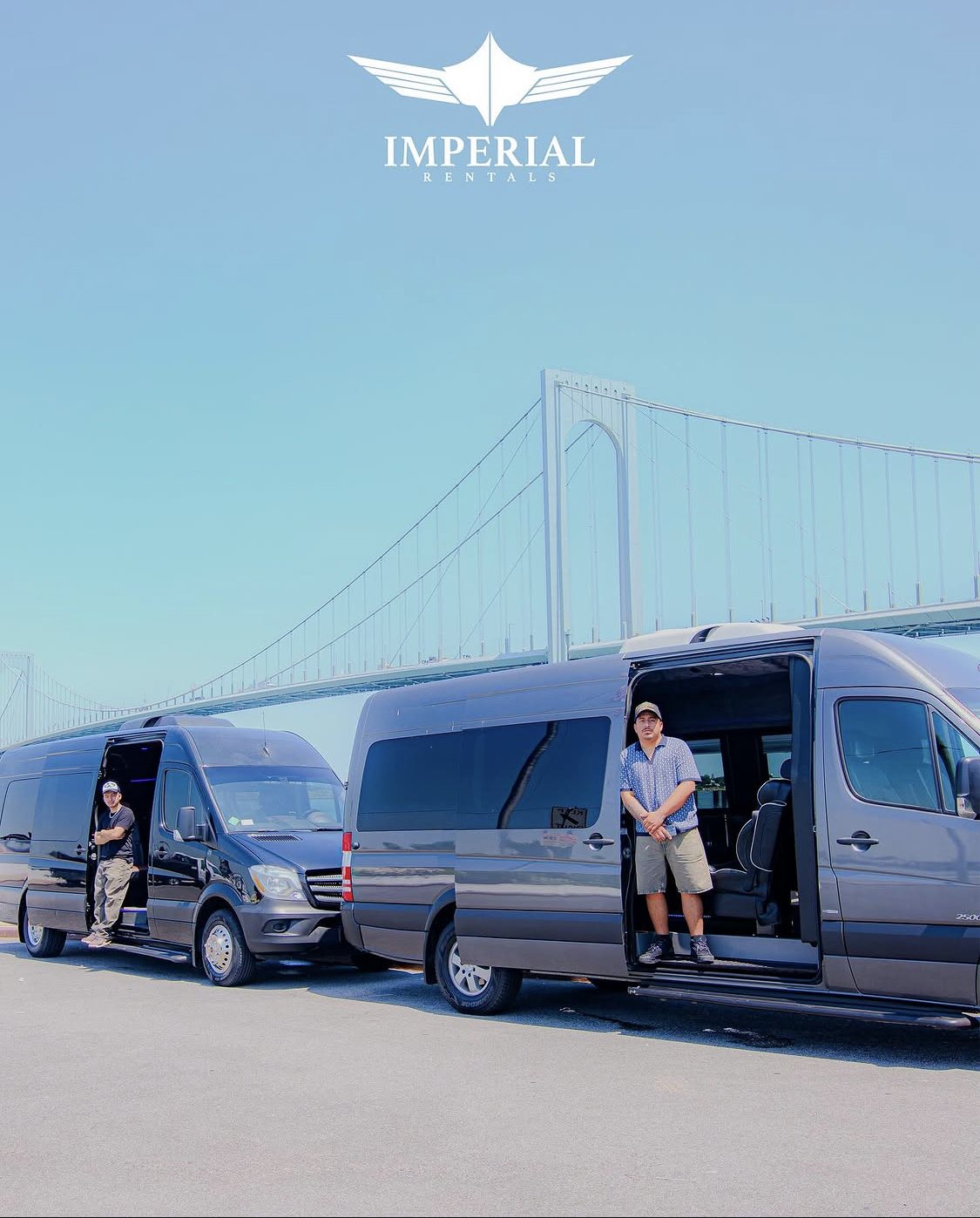 The two Imperial Rentals Sprinters parked under the Whitestone Bridge with their doors open