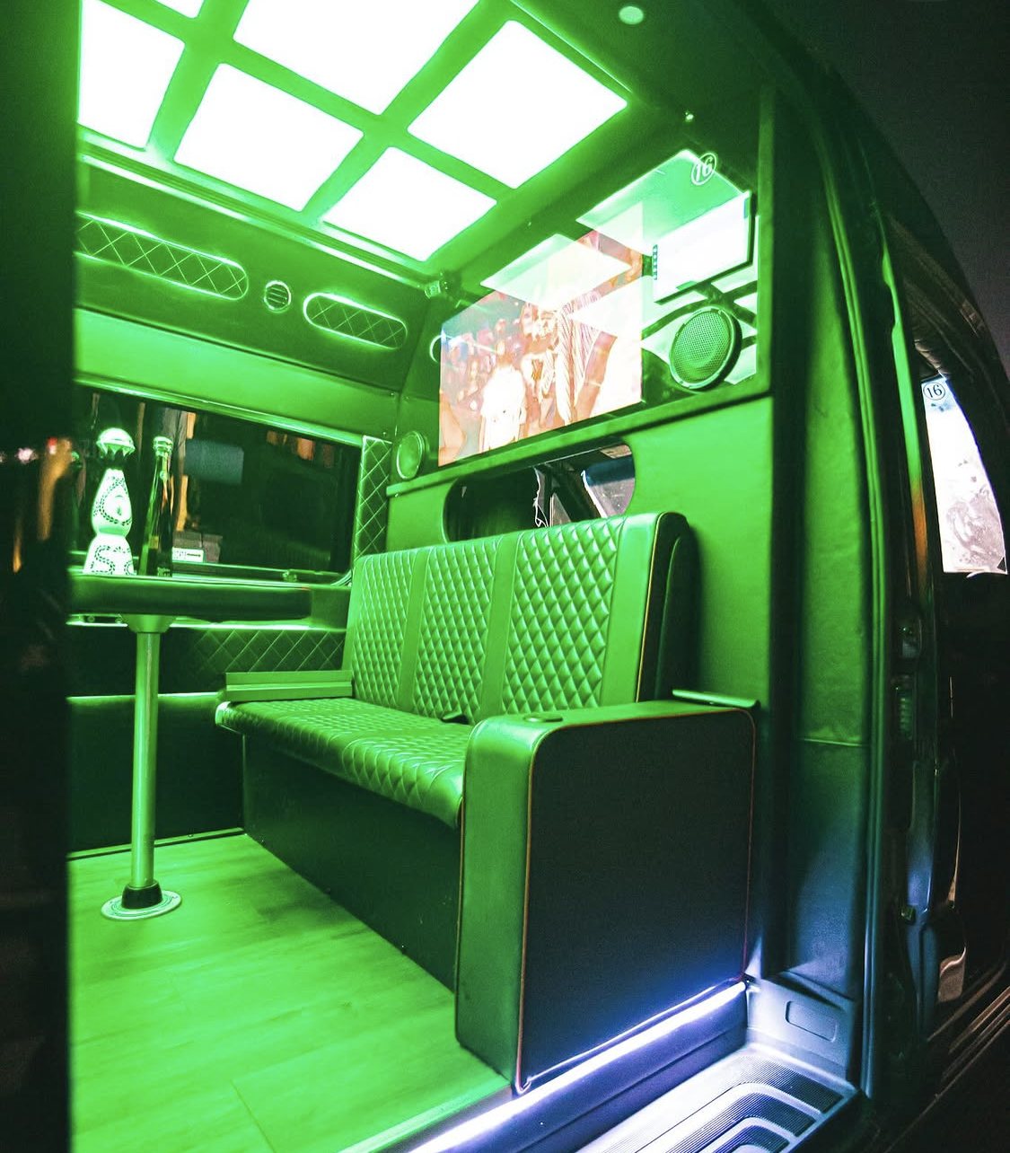 The same cabin switched to green, bench seating and screens